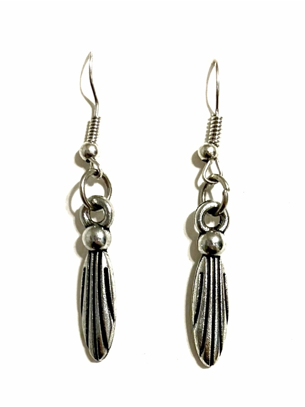 Silver Dangle Feather Bar Earrings